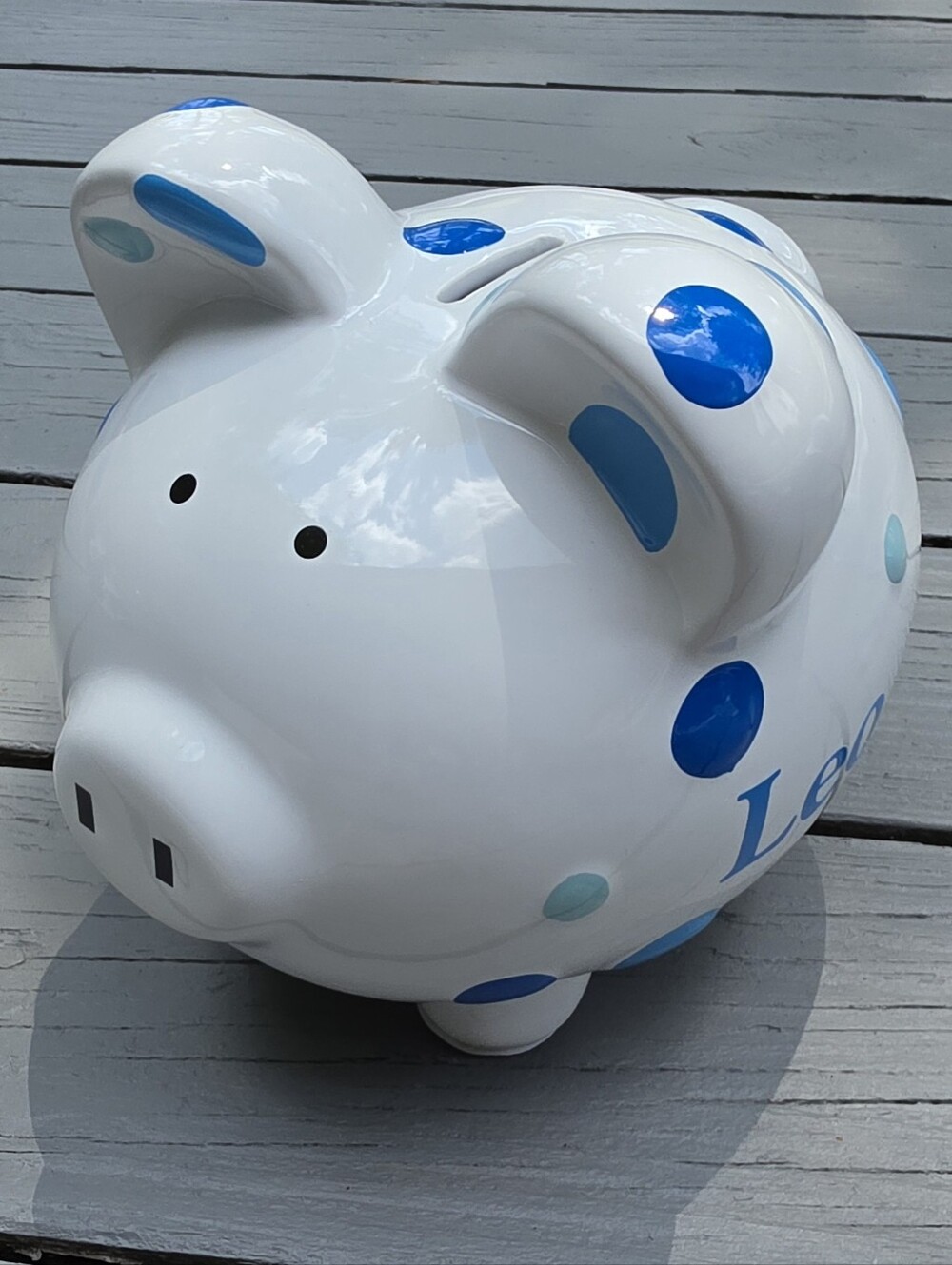 Personalized Ceramic Polka Dot Piggy Bank for Boys Blue LEO